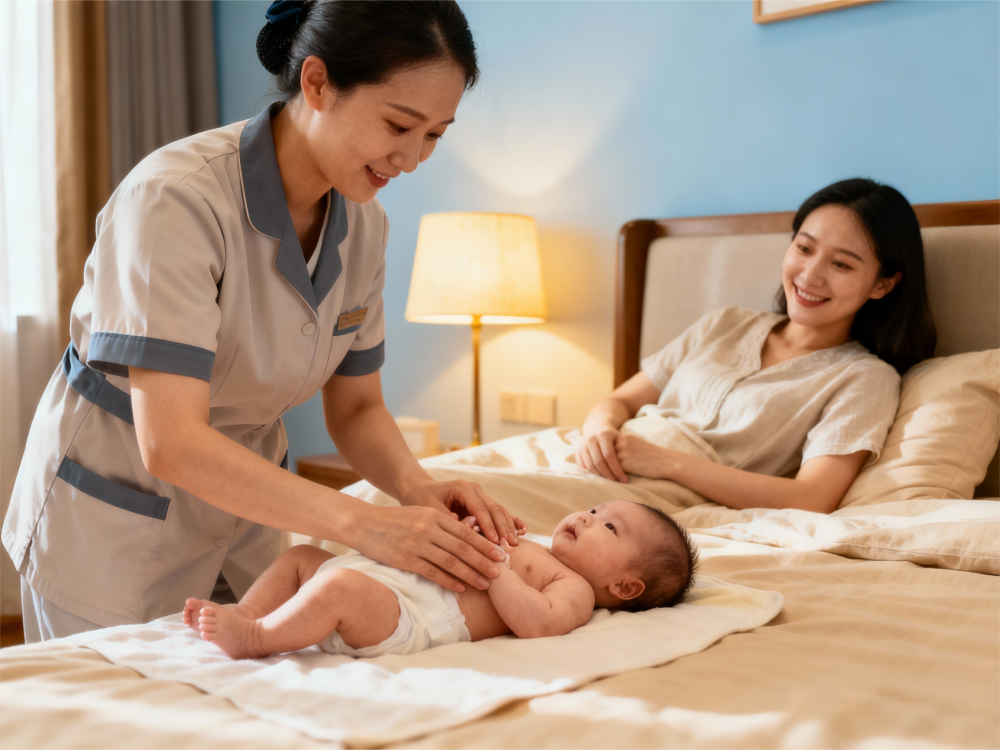 jimeng-2025-11-11-9311-成都温馨居家卧室场景，专业月嫂穿着统一工作服，温柔给新生儿做抚触护理，动作标准轻....png